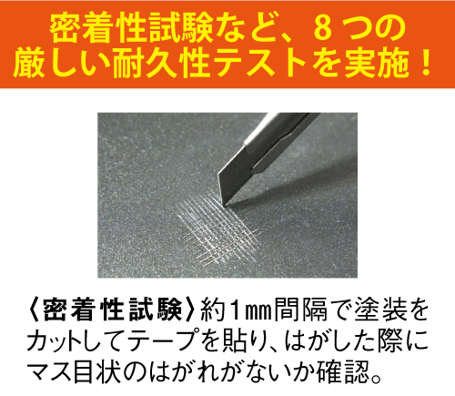 密着性試験など、8つの厳しい耐久性テストを実施！