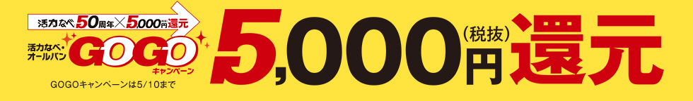GOGOキャンペーン5,000（税抜）円還元　さらに料理教室特別ご招待券 進呈 料理教室のアイコンがついた商品をご購入の方が対象（1回のご注文につき1枚の進呈となります。）