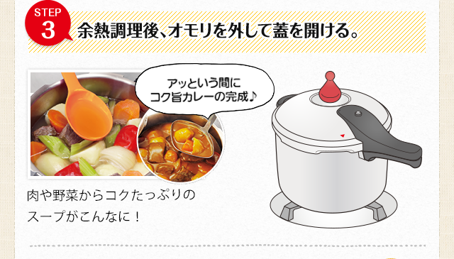 STEP3：余熱調理後、オモリを外して蓋を開ける。