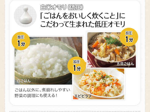 白米オモリ（低圧）:「ごはんをおいしく炊くこと」にこだわって生まれた低圧オモリ