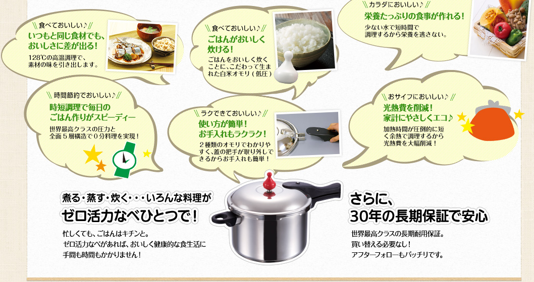 煮る・蒸す・炊く・・・いろんな料理がゼロ活力なべひとつで！さらに、30年の長期保証で安心

